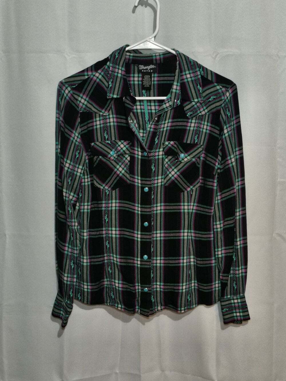 Wrangler Retro Women's Size Small Plaid Stripped Bright Pink Blue Snap
